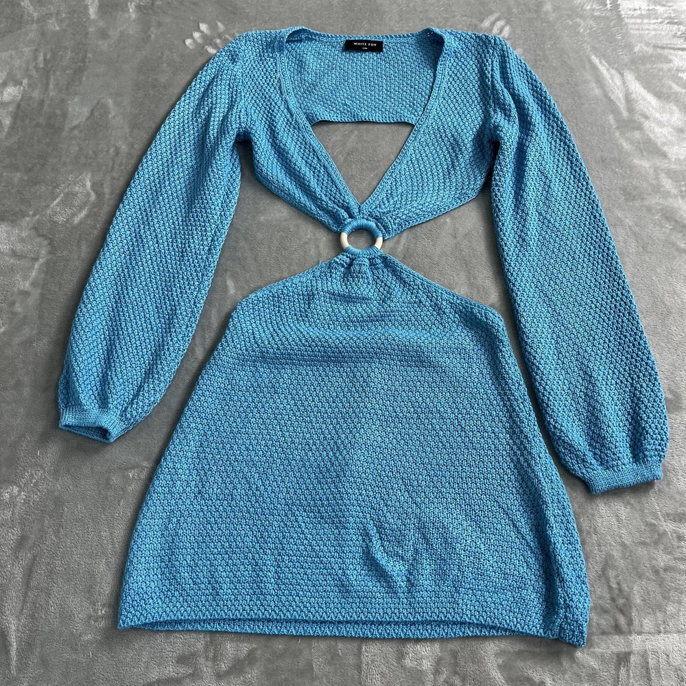 White Fox Dress Womens S/M Blue Crochet Cut Out Ring Mini Sweater Tassel Party